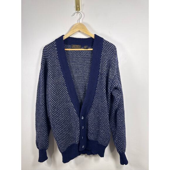 Vintage Eddie Bauer Shetland Wool V-Neck Cardigan Sweater in Navy & White - XL - Picture 2 of 6